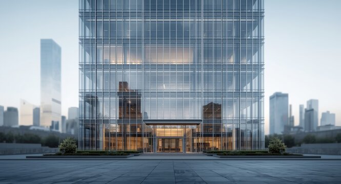 Sleek exterior of a contemporary commercial building with glass curtain walls and aluminum cladding