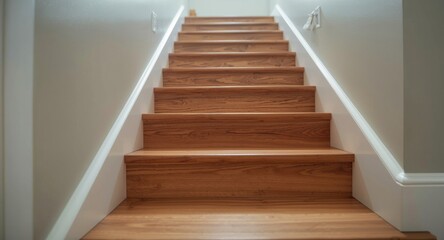 Fototapeta premium View from below capturing new hardwood stair installation featuring bullnose and baseboard molding