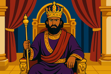 Flat vector illustration of King Ahasuerus on throne wearing elaborate crown, holding scepter, luxurious palace setting