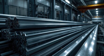 Obraz premium Stacked aluminum bars in a heavy metal production and manufacturing setup