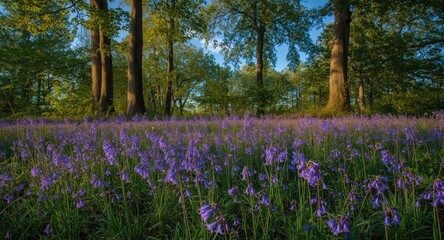 Fototapeta premium A lively field of purple bluebell flowers growing alongside tall trees