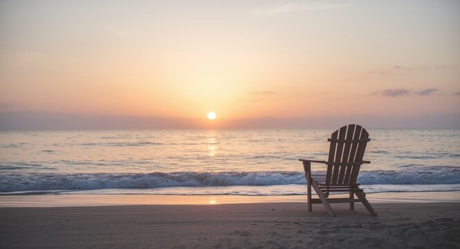 Soothing sunrise backdrop with a beach chair by tranquil sea promoting meditation