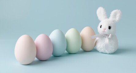 Fototapeta premium Cheerful pastel Easter eggs lined up next to a cute bunny decoration on a pale blue surface for a springtime feel