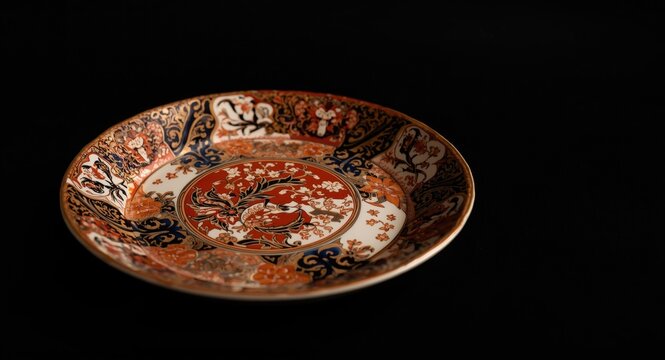Photographic soft focus portrayal of traditional Japanese imari ware plate featuring intricate antique designs on black