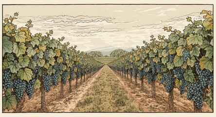 Naklejka premium pen and ink hand drawn vintage vineyard view showcasing rows of grape plants