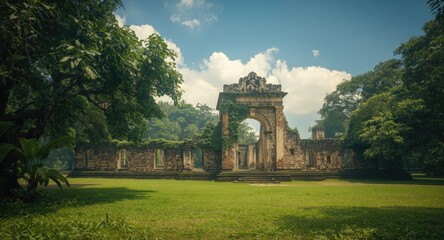 Historic ruins standing amid dense tropical trees and expansive green grassy land