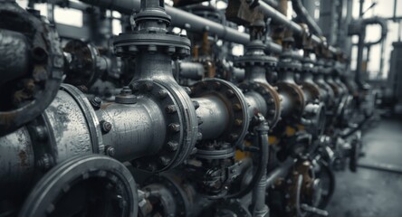 Obraz premium Pipeline valves and oil refining machinery captured in detailed close up