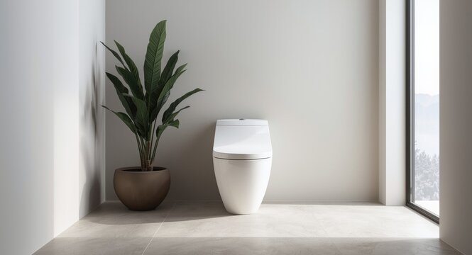 modern bathroom room with white toilet and decorative indoor potted plant