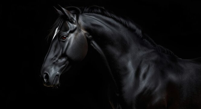 Detailed portrait of Friesian horse with minimalist black backdrop
