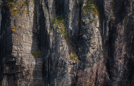 View of the textured, layered rock face with sparse vegetation clinging to its surface, showcasing the rugged beauty of nature, Torres del Paine, Magallanes y la Antartica Chilena, Chile.