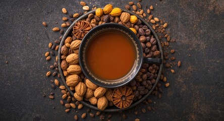 Birds eye flat presentation of aromatic spiced chai paired with assorted dry fruits showcasing ayurvedic organic tonic for immunity enhancement