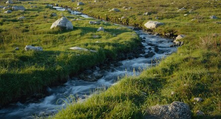 Tranquil rural image showing a gently flowing creek weaving through lush grassy terrain and scattered rocks