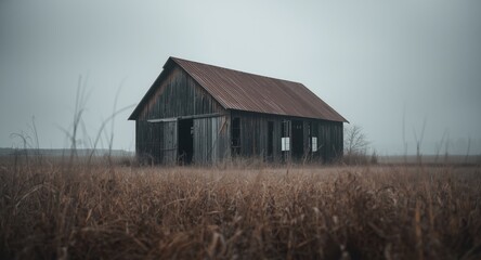 Obraz premium Derelict barn standing in a misty field with dull skies and dry grass