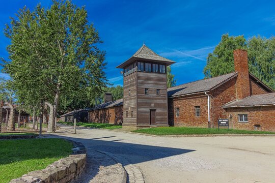 Guard tower in Auschwitz I concentration camp. Oświęcim, Poland. August 18, 2025