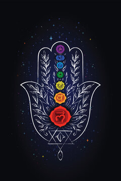 Cosmic Chakra Hamsa &ndash; Hand of Balance and Protection. A blue Hamsa filled with seven chakra symbols, white leaf‑geometric line art, and a downward triangle with hexagram. 
