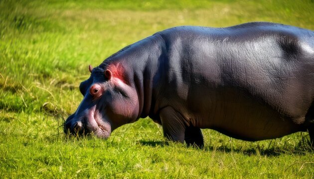 Hippopotamus Grazing Peacefully in Lush Green Grassland on a Sunny Day.