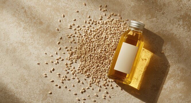 Beige textured background with flaxseed scattered near a bottle of vegetable oil