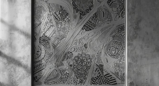 Abstract drywall mud textured monochrome art with diverse graphic doodles and ornamental patterns