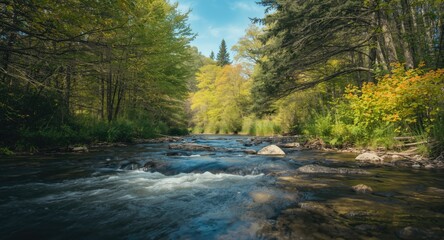 Natural forest river flowing through vibrant spring foliage