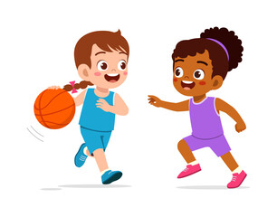 Two Happy Asian and African American Girls Smiling and Playing Basketball Dribbling and Running Joyfully