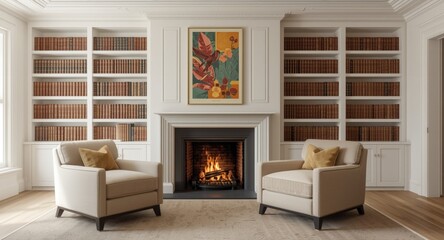 Fototapeta premium Bright living room interior showcasing two armchairs fireplace white painted walls bookcases and a large vertical poster