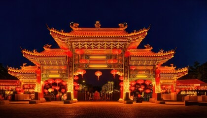 Obraz premium Illuminated Chinese Gate at Night - A Cultural Landmark.
