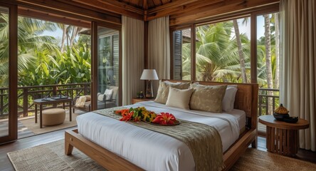 Fototapeta premium Peaceful resort bedroom featuring natural materials and tropical scenery for deep relaxation