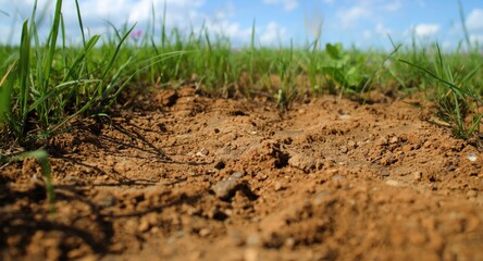 Fototapeta premium Detailed view of soil texture with surrounding green grass in a natural setting