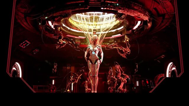 Experience an electrifying futuristic 3d animation of a captivating robot DJ performance, perfect for VJ loops and 3d video content creation for digital stages