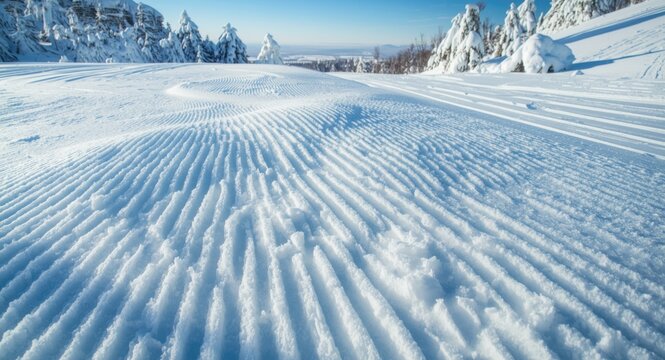 Abstract snowy texture background with ski and snowboard trails on fresh powder snow