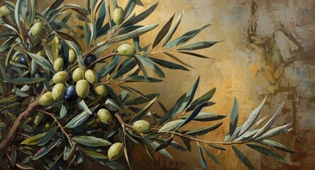 Lush oil painting highlighting a detailed olive branch covered with olives and lively foliage