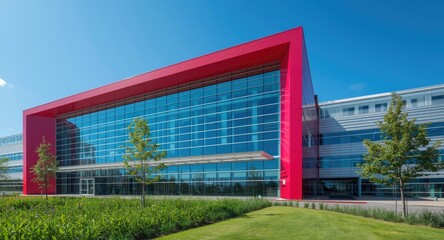 Obraz premium Modern hospital frontage embellished with colorful architectural details and glass surfaces on clear day
