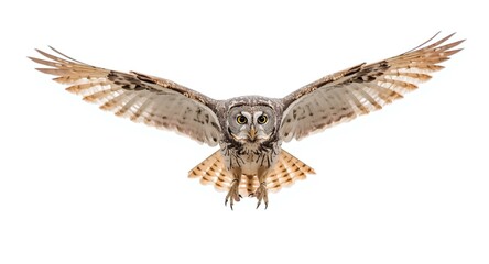 Owl wings extended in flight with a white background