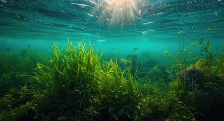 Obraz premium Freshwater lake underwater scenery with vibrant green algae and aquatic plants