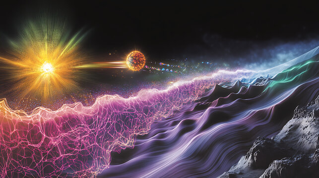 Vibrant illustration of photon interaction causing electron ejection and energy shift 