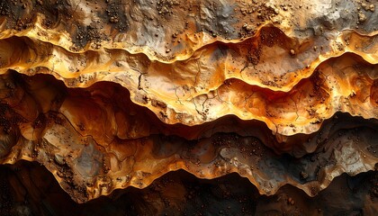 Obraz premium A layered geological cross-section featuring undulating, ochre, and tan-colored formations. The texture is rough and appears weathered