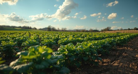 Rural farmland with flourishing sugar beet plants featuring dense leafy growth