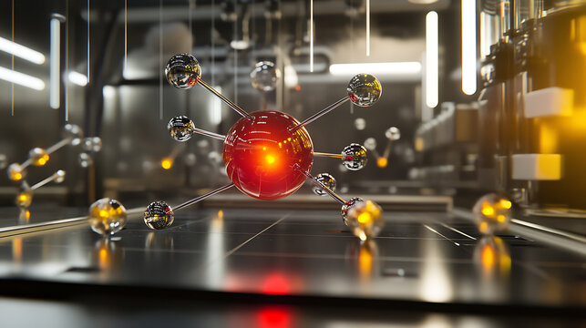 Time-lapse style rendering of electron motion in reactive compounds under studio lighting 