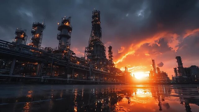 A dramatic sunset illuminates an industrial plant, evoking a sense of power and progress, ideal for energy sector marketing.