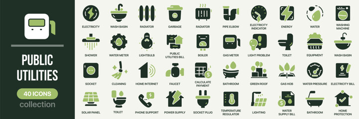 Obraz premium Public utilities fill icon collection. Includes electricity, water, gas meter, radiator, boiler, and socket symbols. Created in colored style with green palette