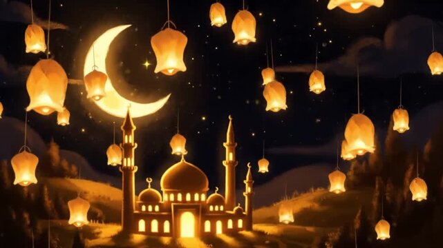 Charming 2D animation of Happy Eid Mubarak greeting with crescent moon mosque silhouette and warm night sky atmosphere.