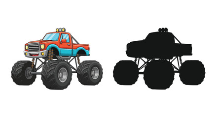 Colorful monster truck illustration alongside its black silhouette version © Tm Studio