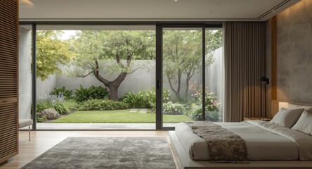 Fototapeta premium Minimalist bedroom interior with sliding glass door opening to lush landscaped garden featuring blurred effect for design projects