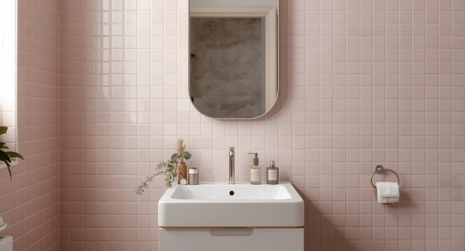 Charming bathroom interior with a modern sink, toiletry accessories, and a narrow vertical mirror surrounded by pink tiles