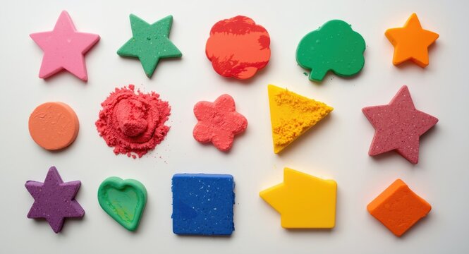 Kinetic sand play shapes arranged on a white background for stimulating sensory activities