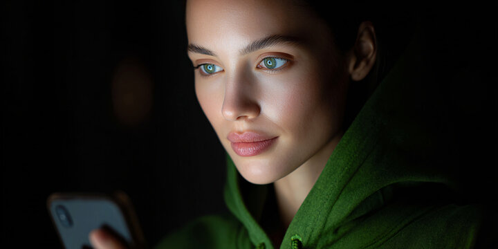 Beautiful woman, sweatshirt, holding smartphone in dark room, looking at it at night.
