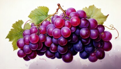 Fototapeta premium Luscious bunch of purple grapes with vibrant green leaves.