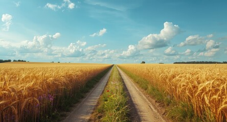 Fototapeta premium Serene rural route surrounded by waving wheat plants