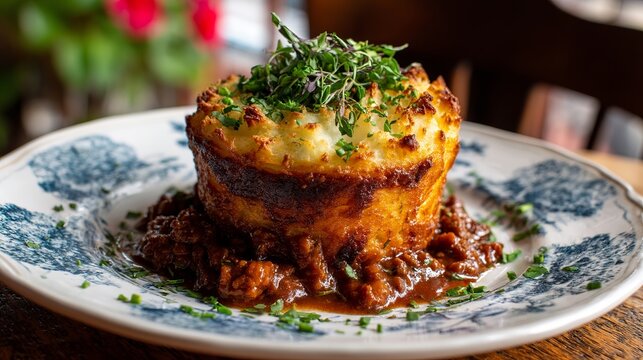 A delicious moussaka dish served on a blue and white plate with fresh herbs on top