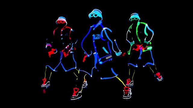 Vibrant abstract 3d animation featuring luminous dancing figures in a synchronized show, creating a captivating visual for VJ loops and engaging 3d video content